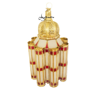 Moroccan table lamp with glass panels in red and white, Mamounia - Authentic Moroccan